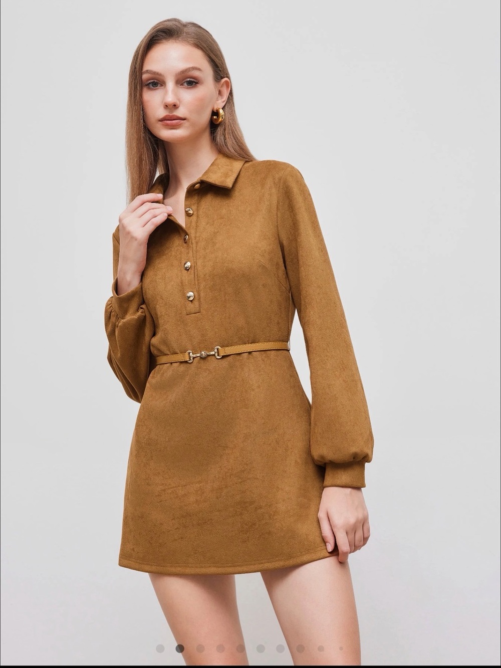 Cider Camel Suede-Look Long Sleeve Shirt Dress